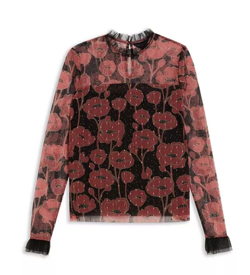 Ted Baker Maggann Floral Mesh Top Sz 2 US 6 Small Ruffle Neck Frill